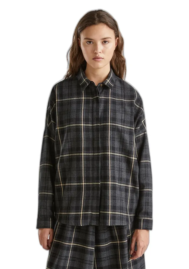 Benetton 5RGLDQ09U camicia donna L lana fantasia