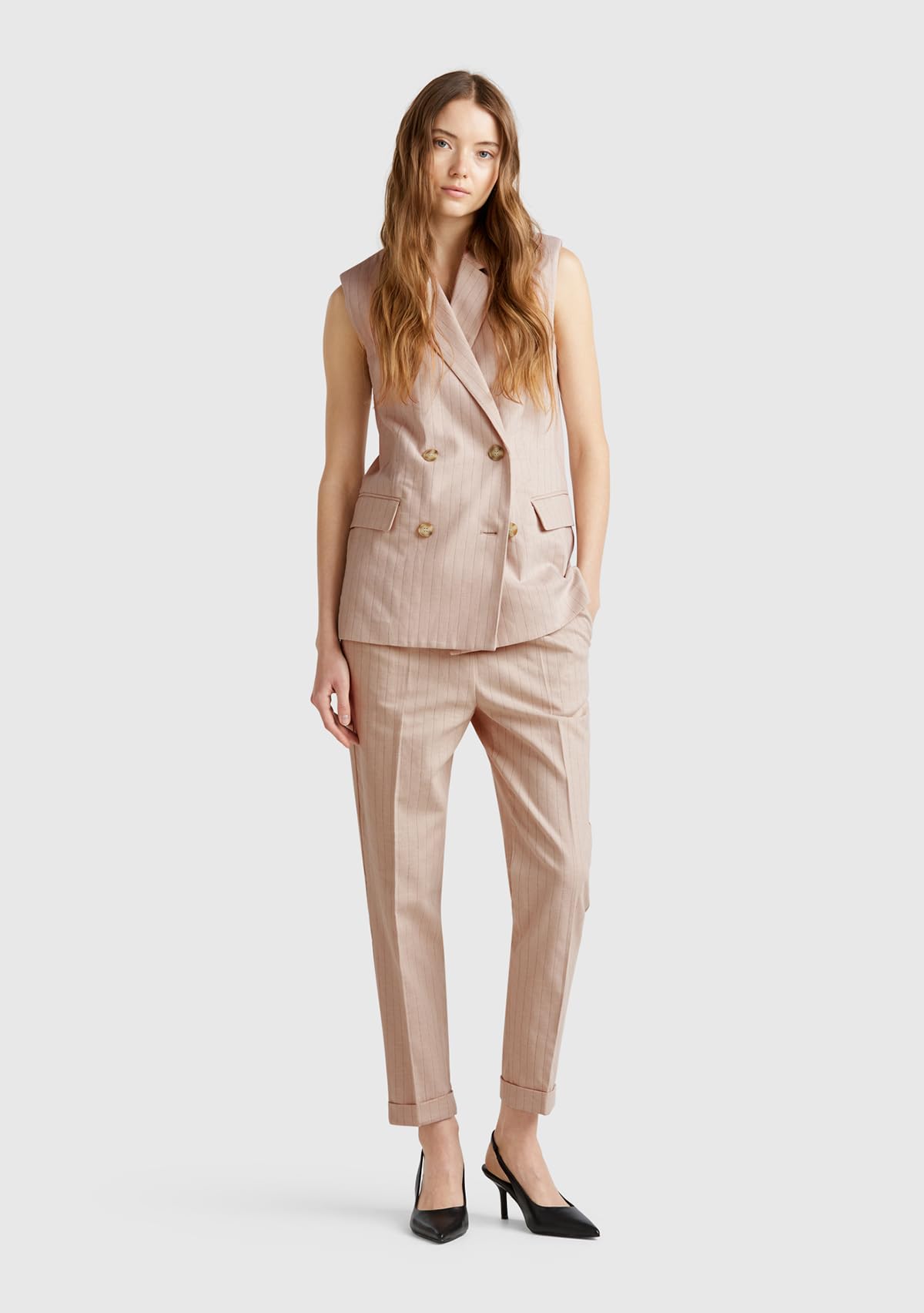 Benetton Pantaloni Donna cotone lino gessati Blu regular