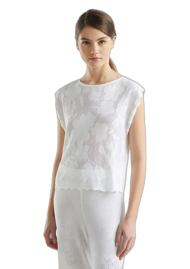 Benetton Canottiera Donna Bianca Maglia Pizzo XS