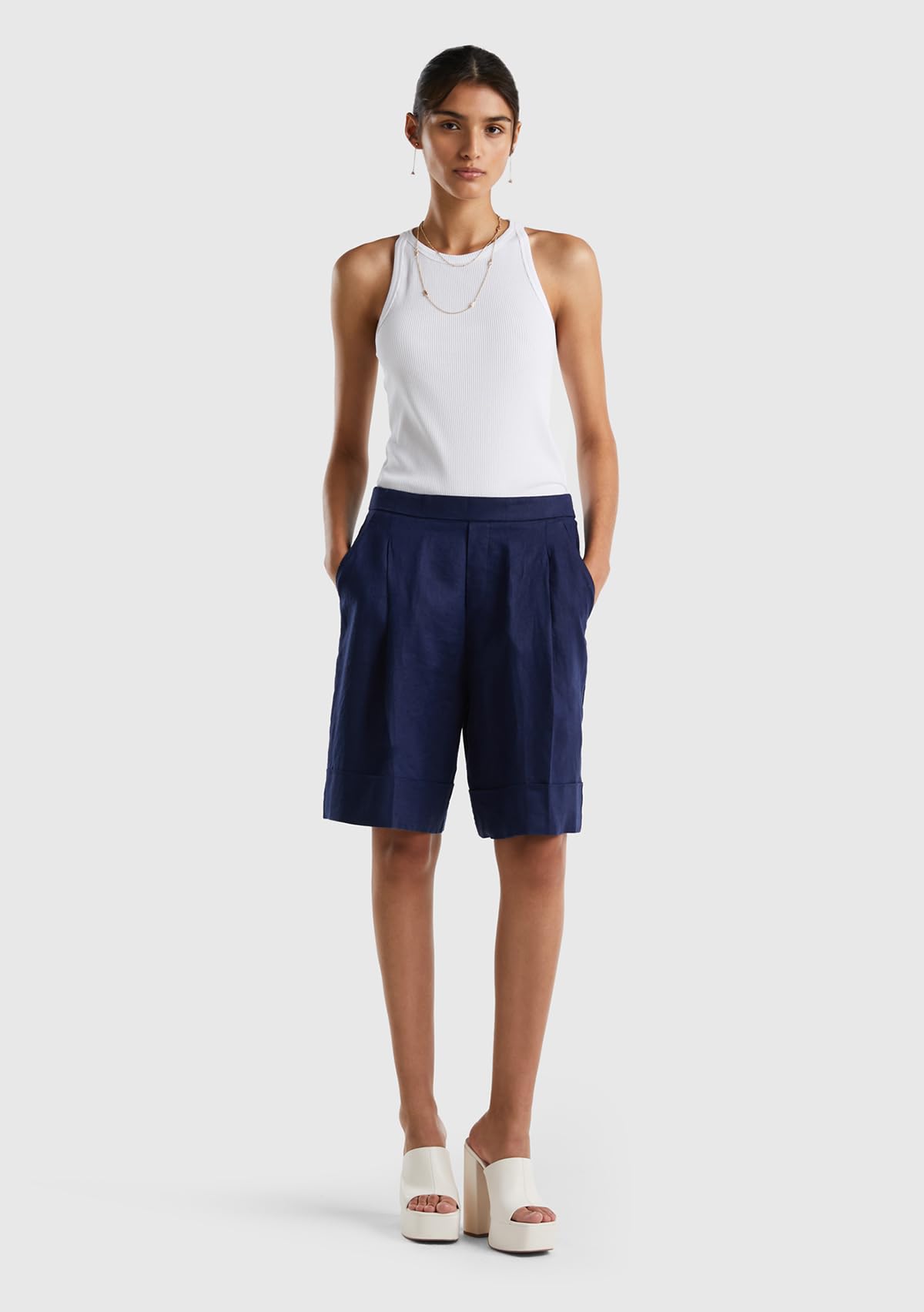 Benetton Bermuda Donna Lino Pantaloncini Taglia XXS