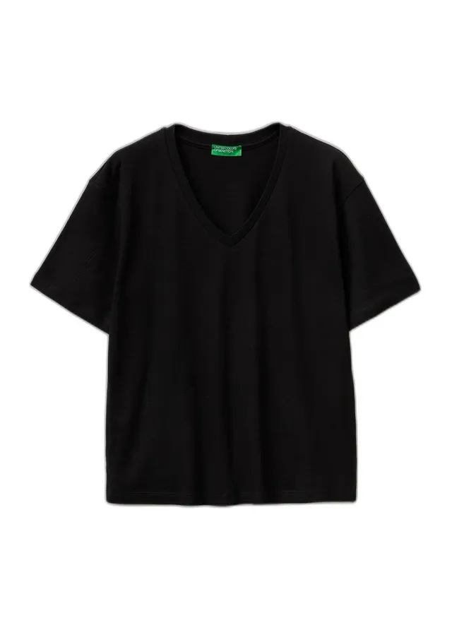 Benetton T-Shirt Donna Nero Jersey Fiammato Scollo a V