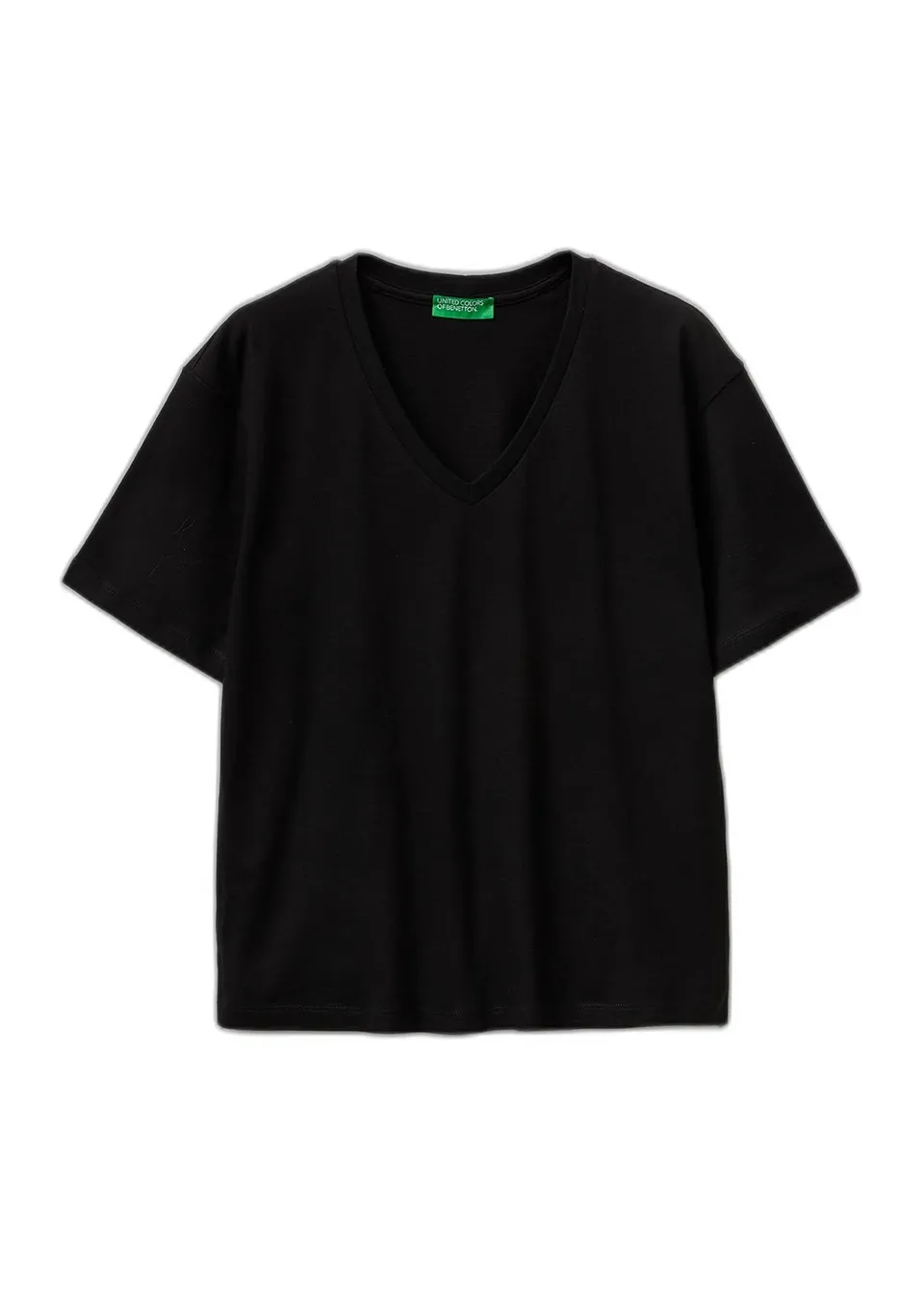Benetton T-Shirt Donna Nero Jersey Fiammato Scollo a V