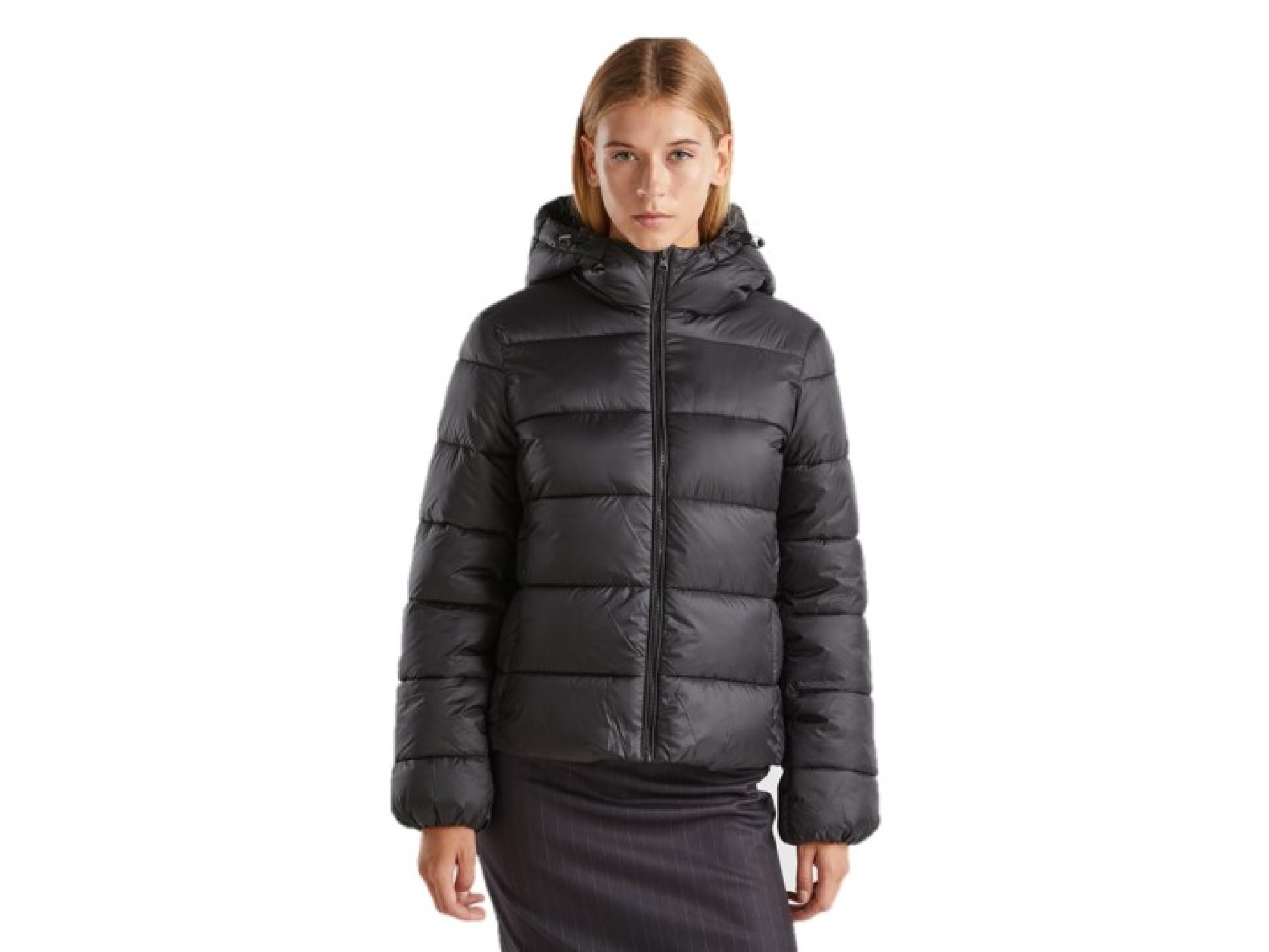 Benetton 2niwdn079 Giubbotto Donna Corto Nero Cappuccio