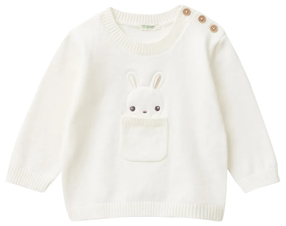 Benetton Maglione Neonato 56 Girocollo con Coniglietto