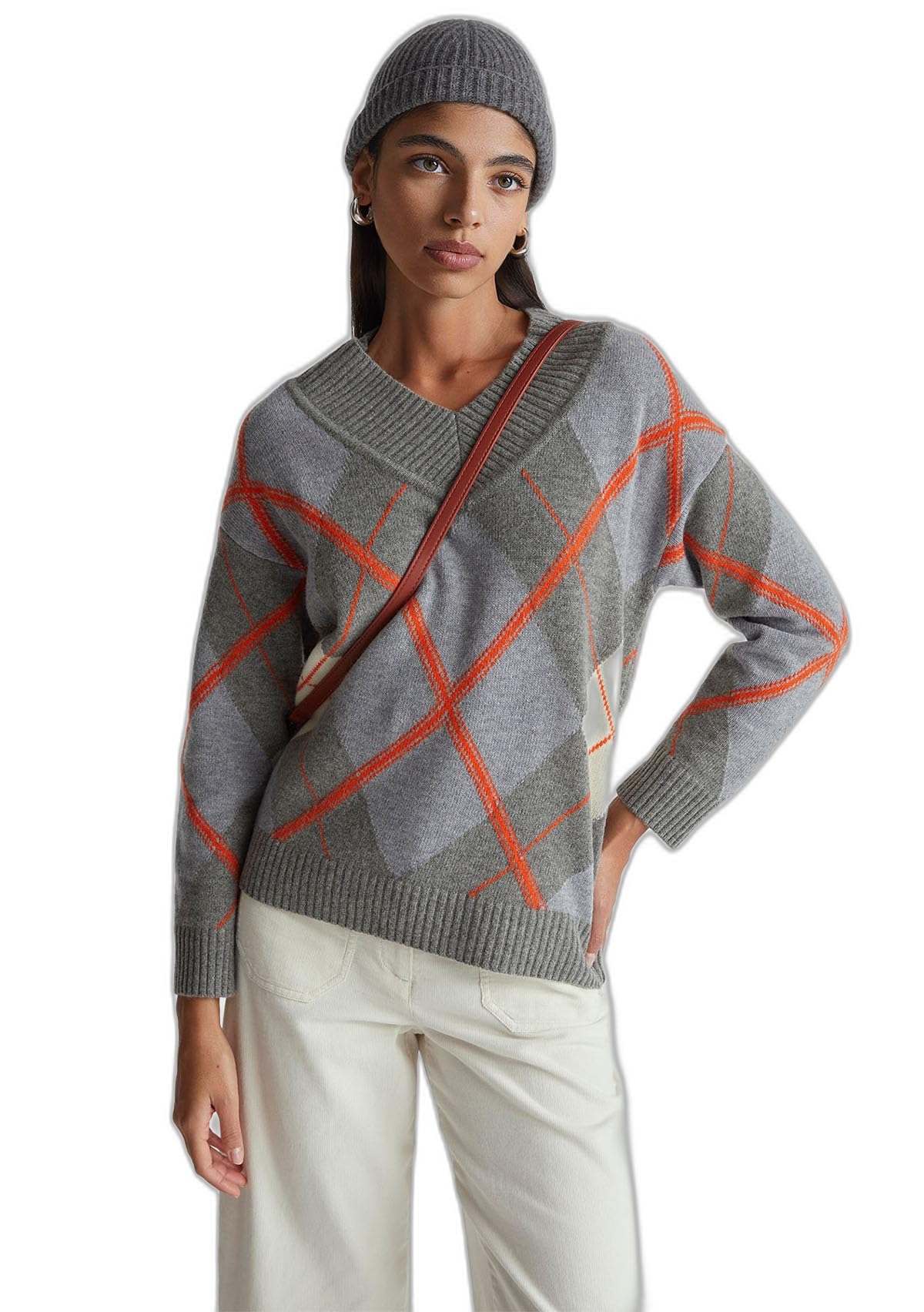 Benetton 1444e204e Maglia Donna Grigia Scollo V Rombi