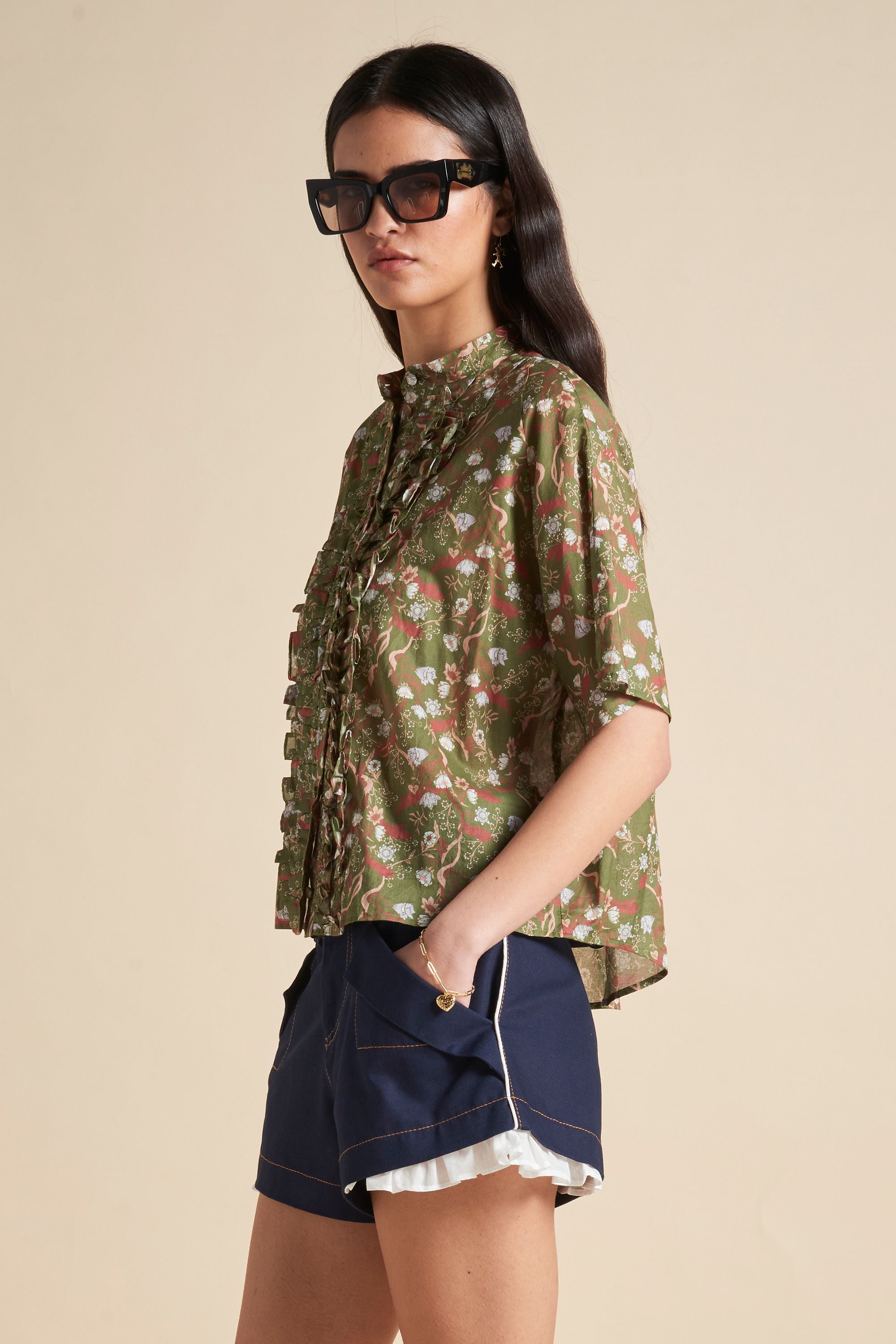 Karen Walker Colette Shirt camicia Olive Multi voile floreale
