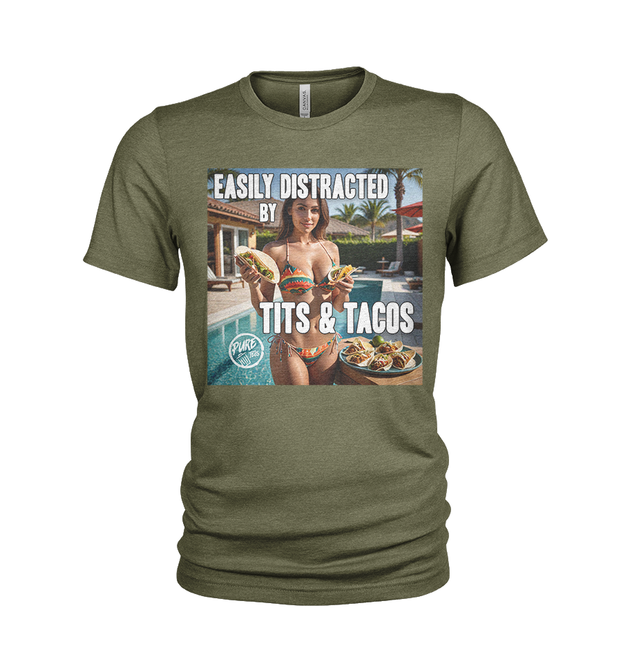Pure Trash Easily Distracted Tits Tacos maglietta uomo nero cotone
