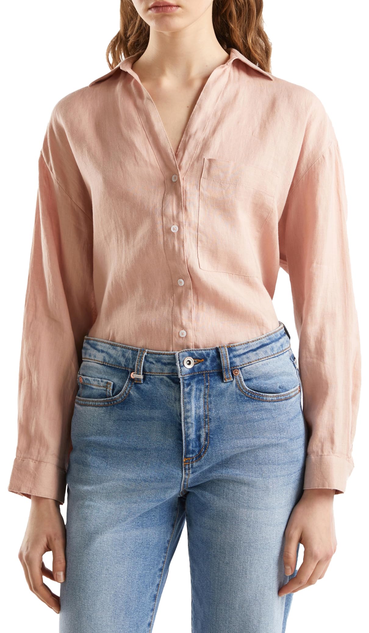 Benetton 5BMLDQ078 camicione donna lino cipria
