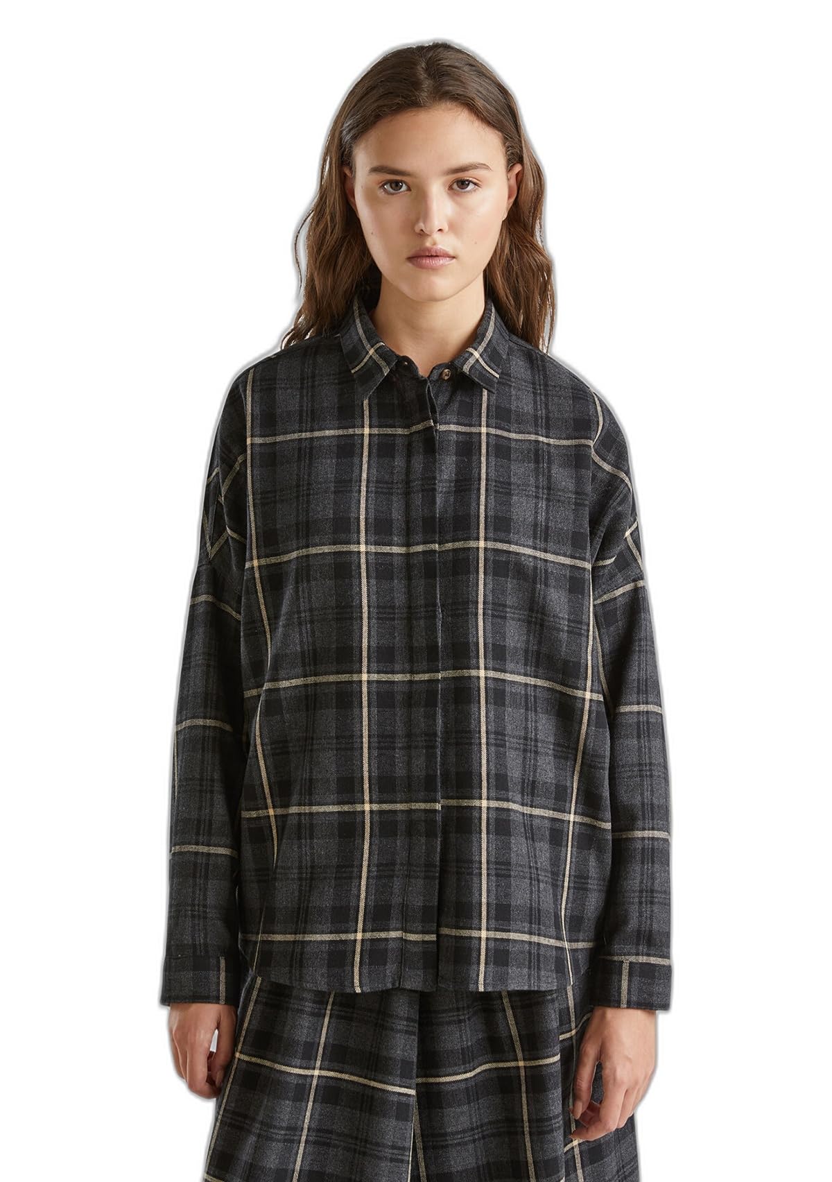 Benetton 5RGLDQ09U camicia donna L lana fantasia