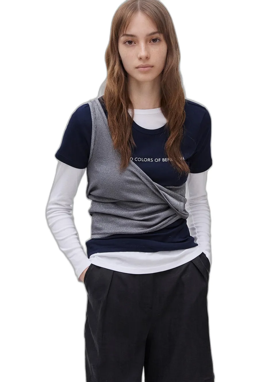 Benetton Maglietta Donna a Costine Stampa Brillante Regular