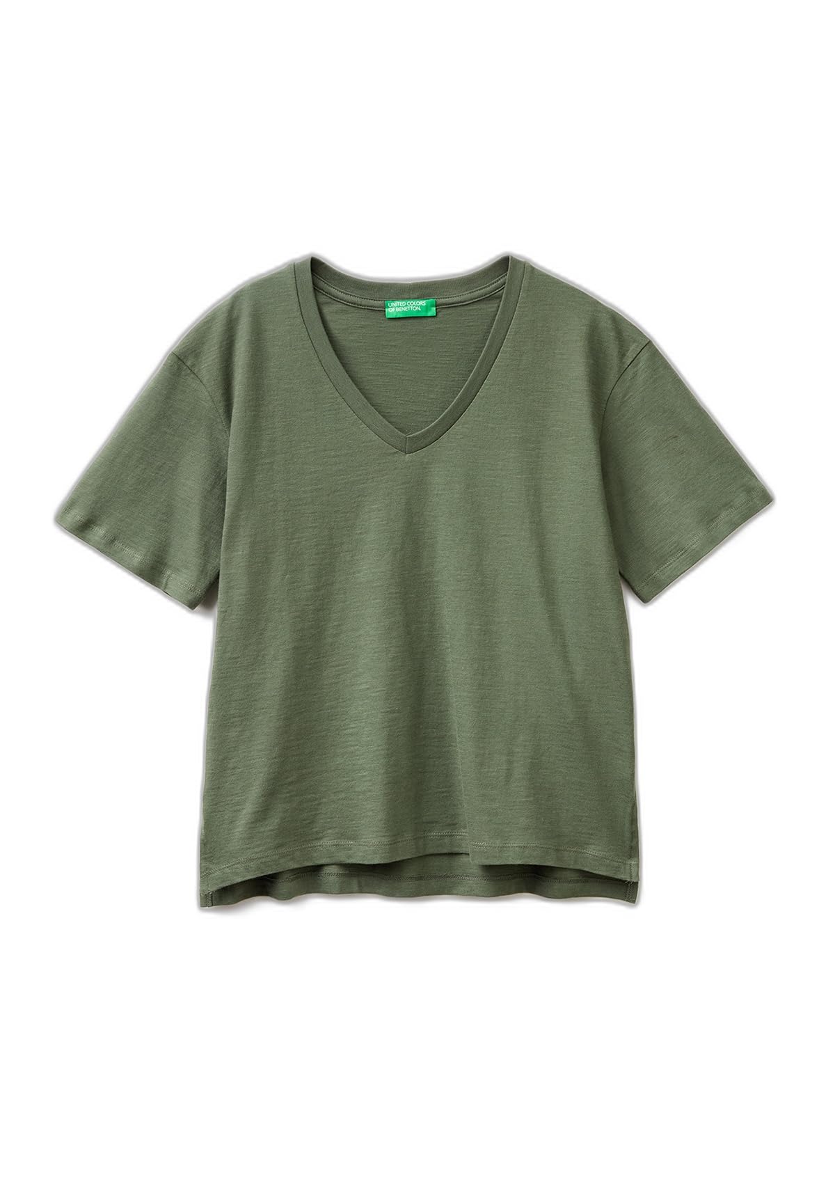 Benetton T-Shirt Donna Nero Jersey Fiammato Scollo a V