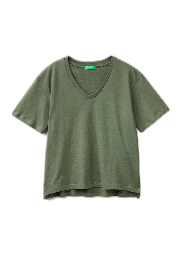 Benetton 3bvxd4020 T-Shirt Donna Scollo V Verde