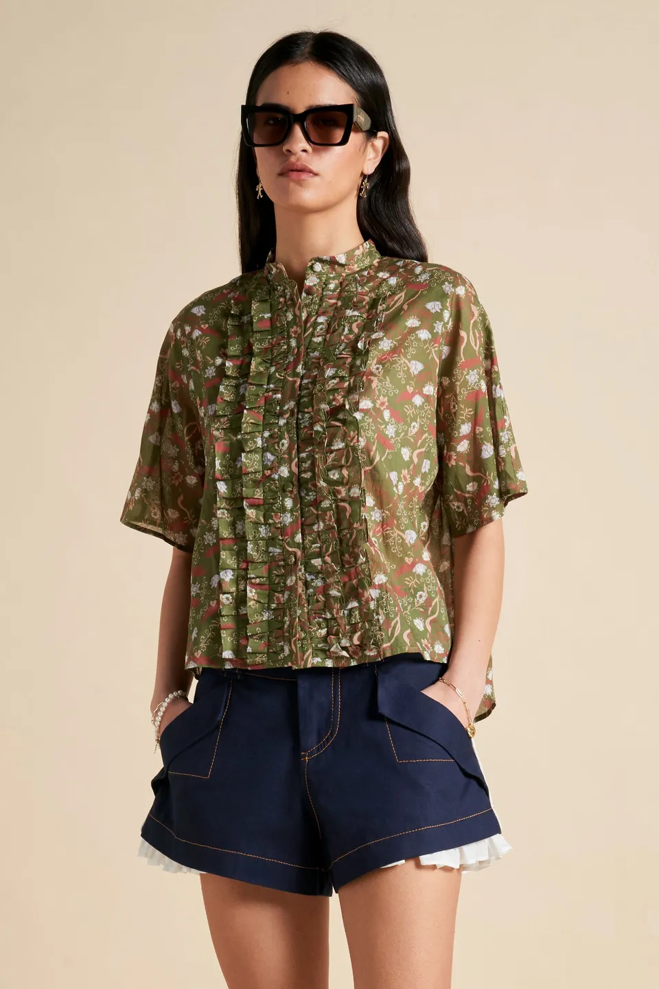 Karen Walker Colette Shirt camicia Olive Multi voile floreale