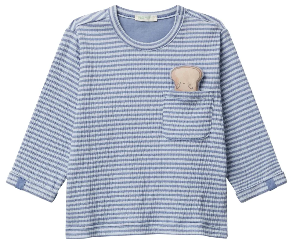 Benetton T-Shirt Bimbo Manica Lunga Jersey Taschino Blu