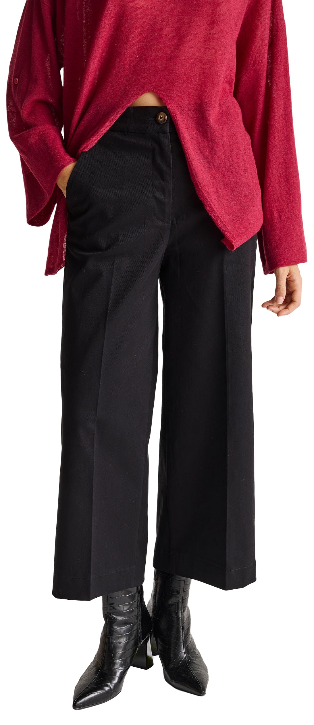 Benetton pantaloni donna twill cotone vita alta svasata