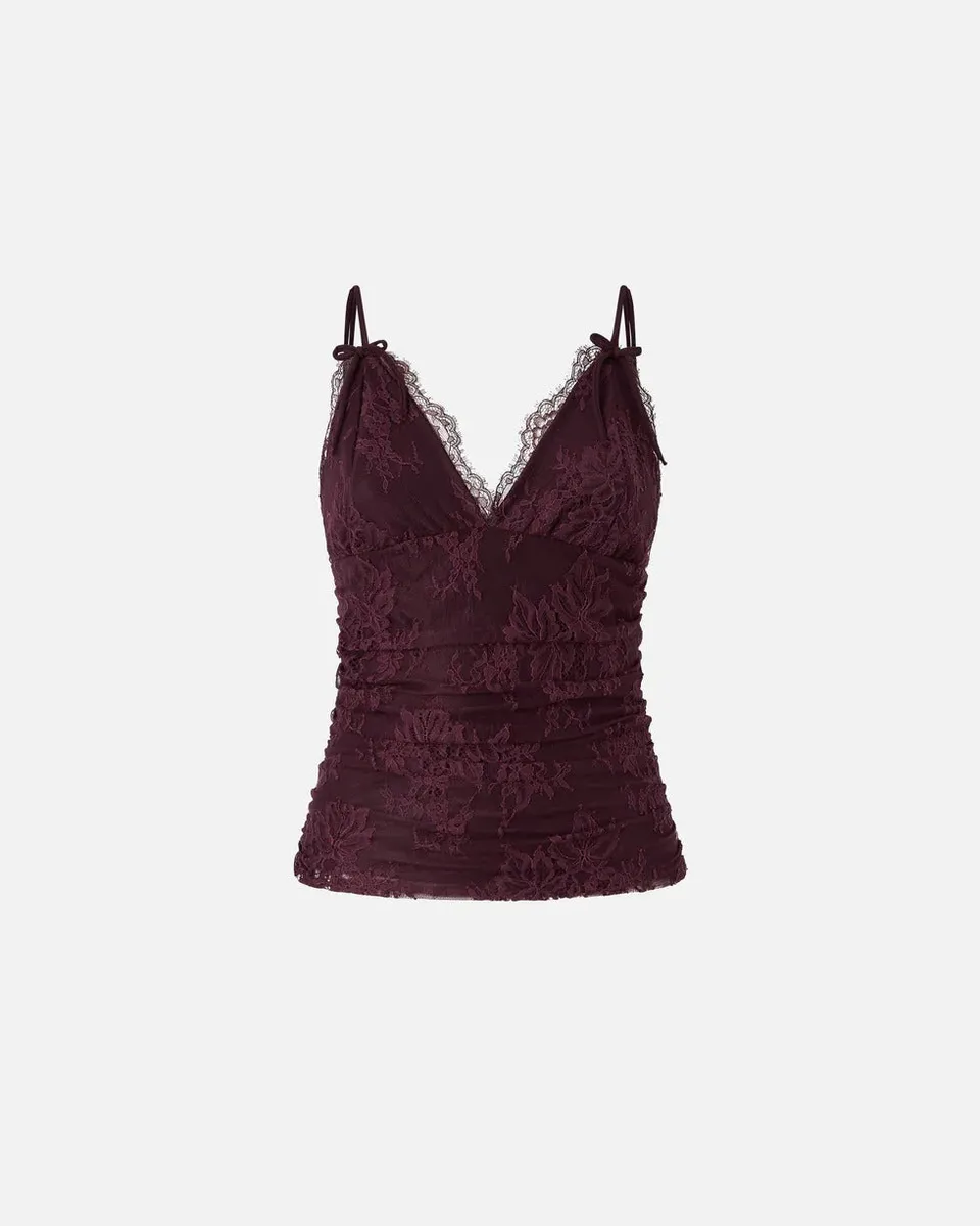 Pinko Fragola 106726 A378 top bordeaux pizzo scollo a V