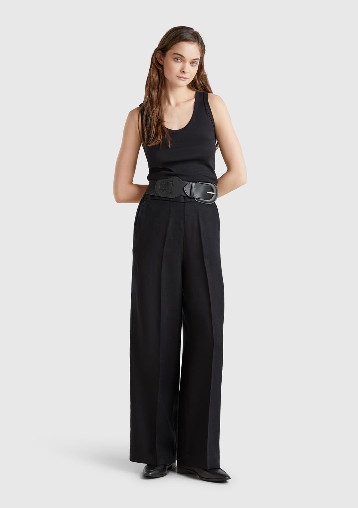 Benetton Pantalone Palazzo Donna Lino Tasche Elastico