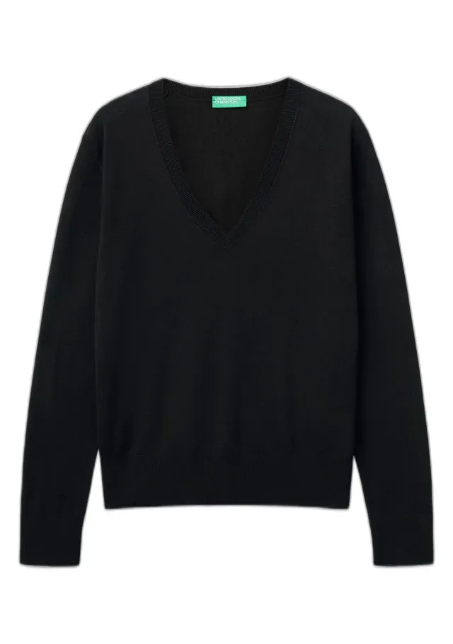 Benetton 1zred402l Maglione Donna Scollo V Nero