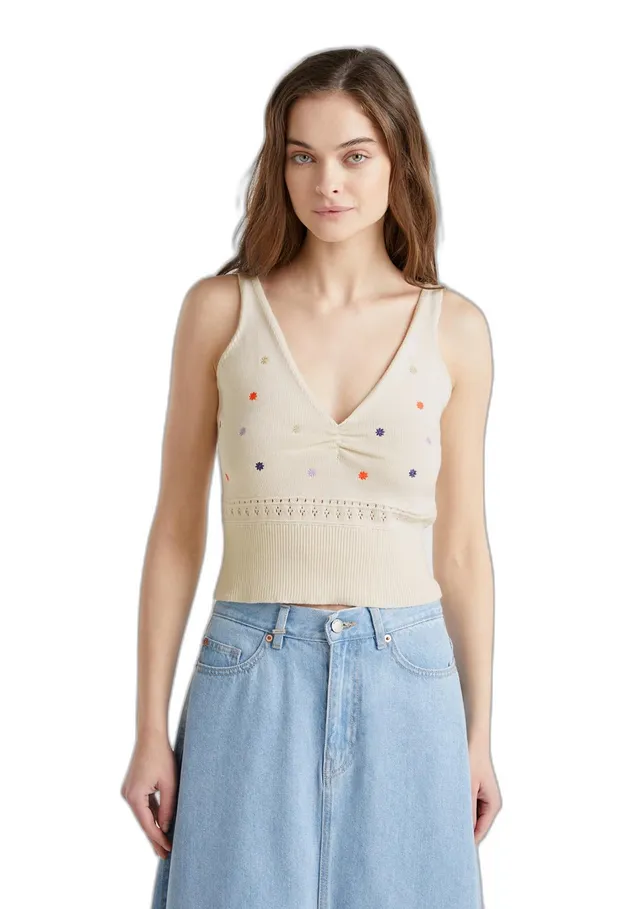 Benetton canotta donna M regular cotone fiori ricamati