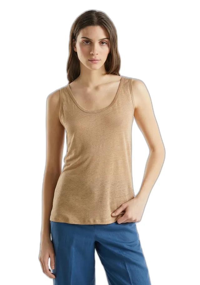 Benetton canottiera donna lino regular cammello 193 canotta
