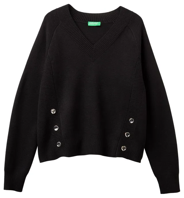 Benetton Maglieria 1j9yd403s maglione scollo a V nero bottoni