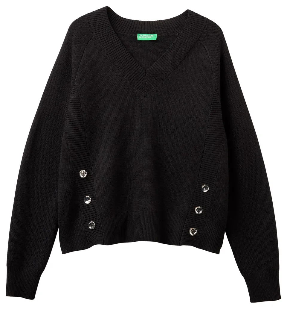 Benetton Maglieria 1j9yd403s maglione scollo a V nero bottoni