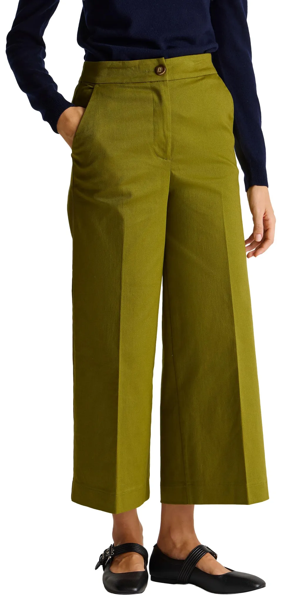 Benetton pantaloni donna twill cotone vita alta svasata
