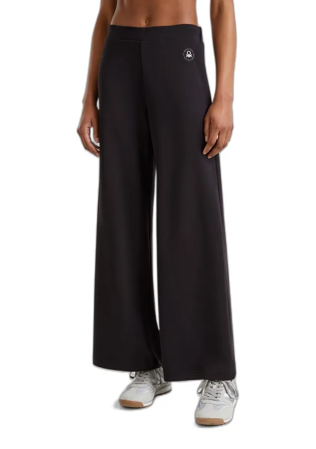 Benetton Pantalone Donna Flare Viscosa Effetto Cupro con Logo