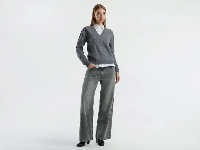 Benetton 1002d4488 Maglione Donna Scollo V Lana Grigio L