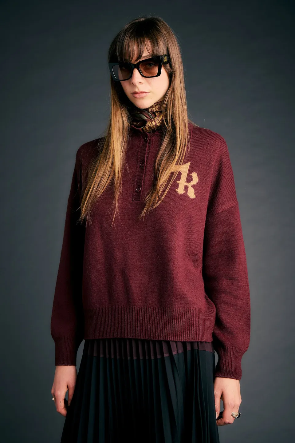 Karen Walker K Flag Polo maglia merino mogano