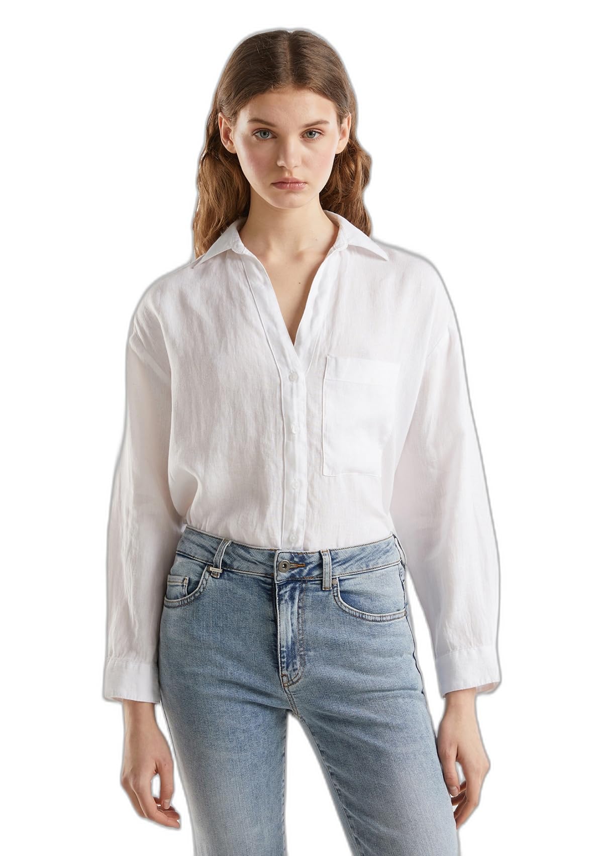 Benetton 5BMLDQ078 camicia lunga donna in lino