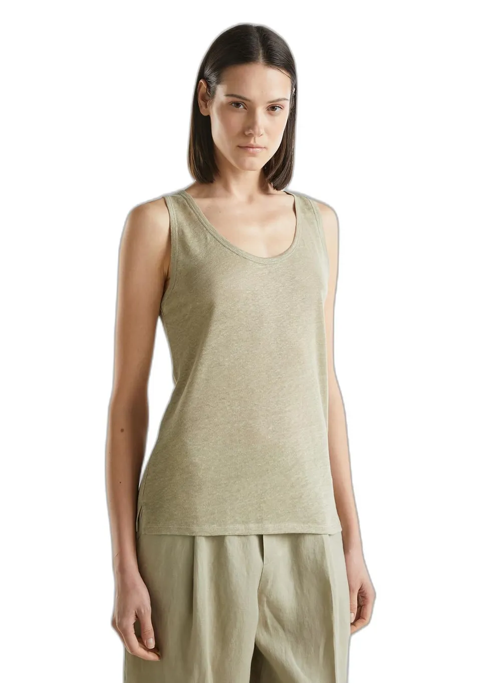Benetton canottiera donna lino regular nero spacchi fondo