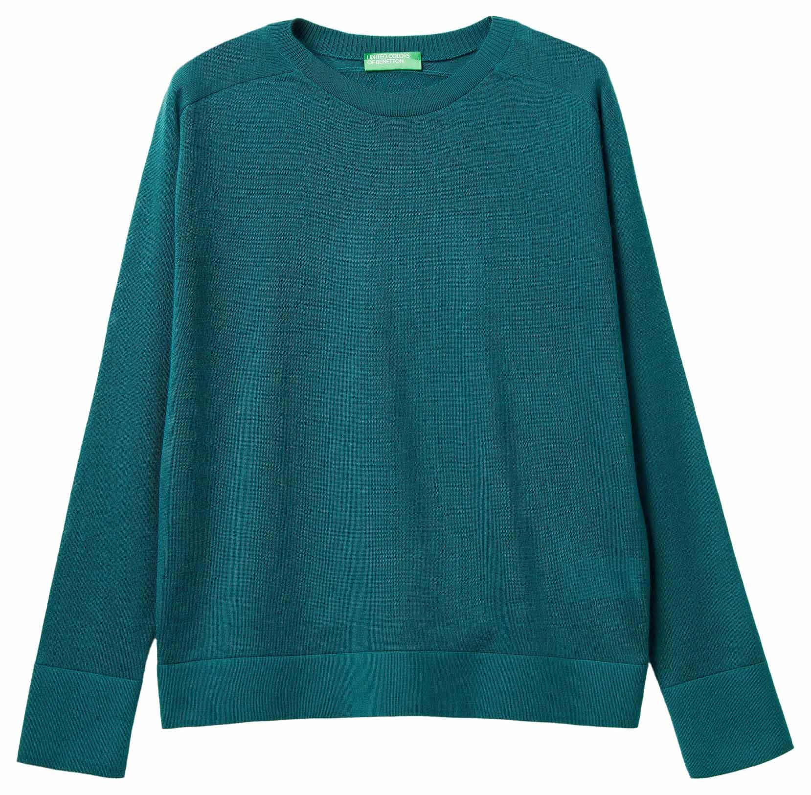 Benetton Maglia Lana Merino Donna Verde Girocollo