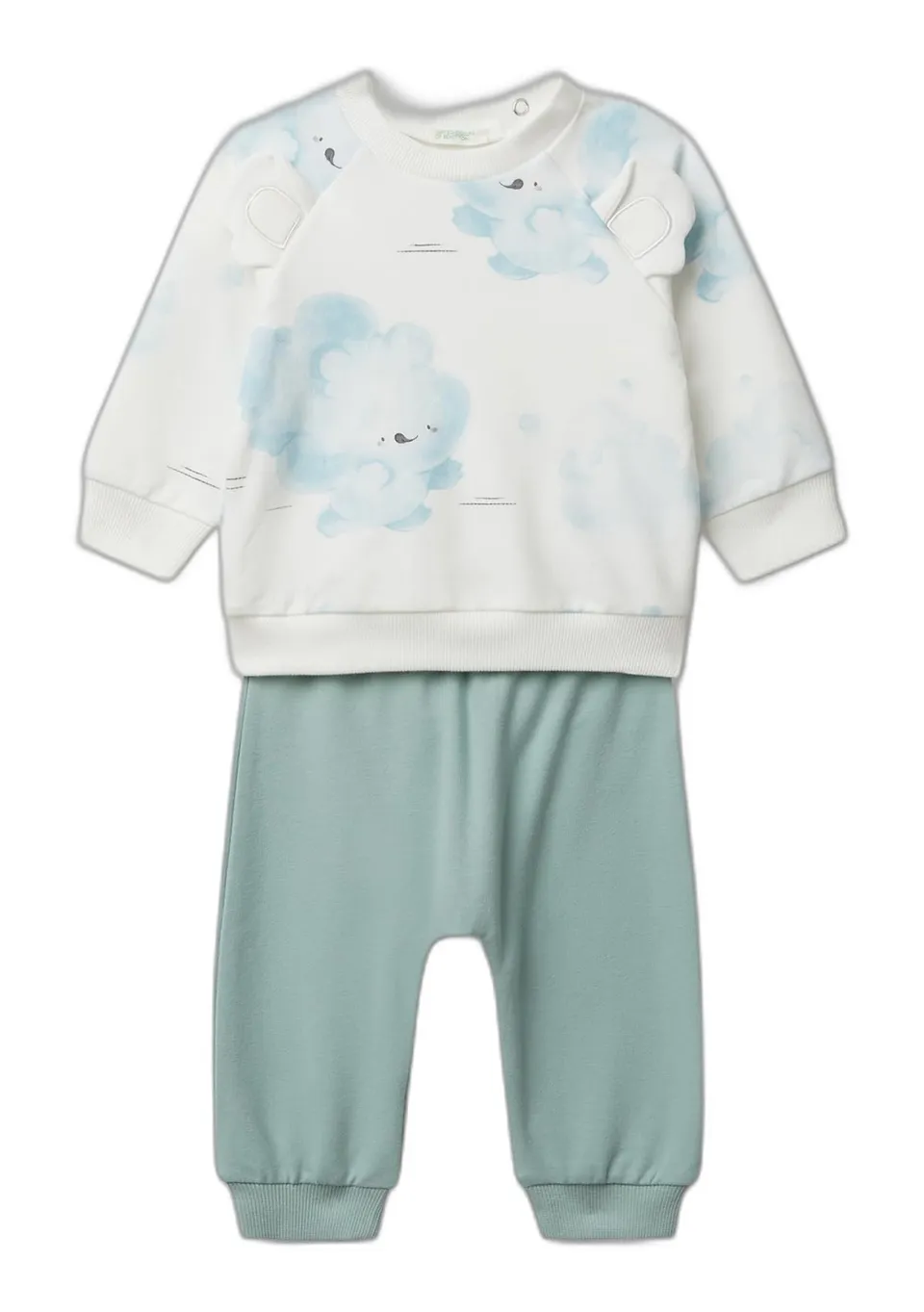 Benetton Bimbo Tuta Felpa Bianco 2 Pezzi Ricamo Orecchie