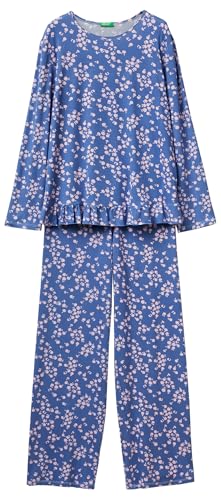 Benetton Set Pigiama Donna Viscosa XS Blu Ruches