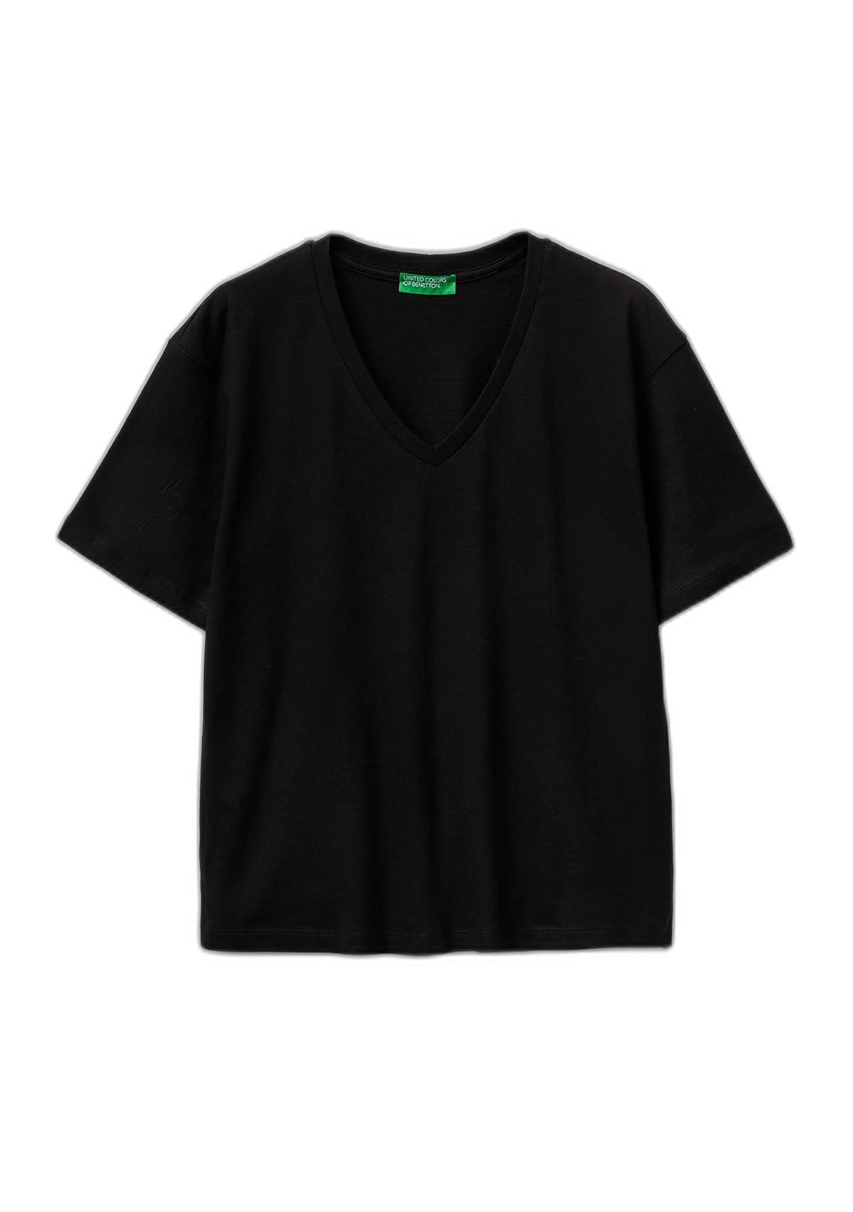 Benetton T-Shirt Donna Nero Jersey Fiammato Scollo a V