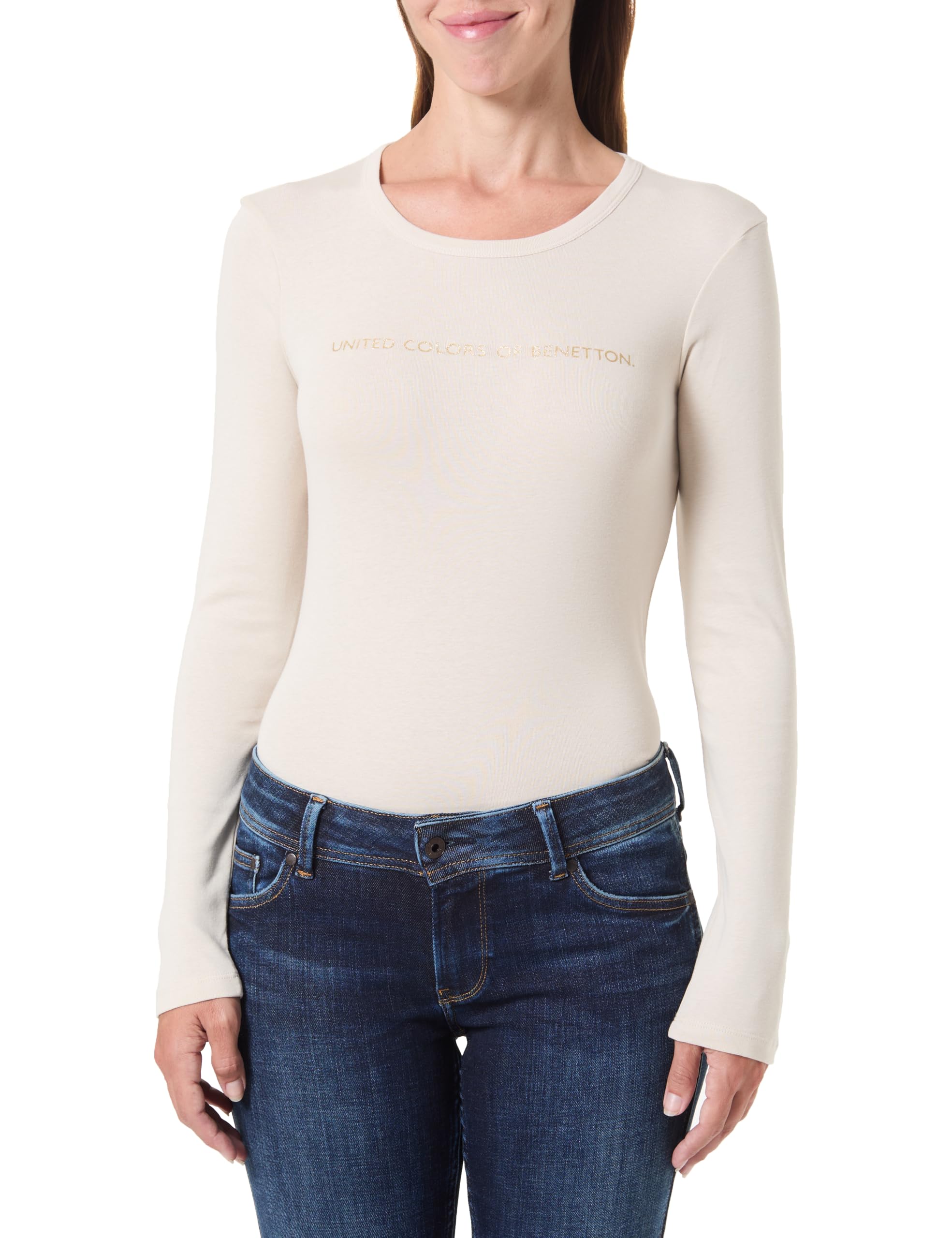 Benetton T-shirt Costina Manica Lunga Donna Marrone Glitter
