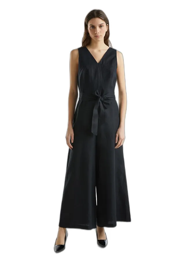 Benetton Tuta Donna Nero 100 Lino Scollo a V