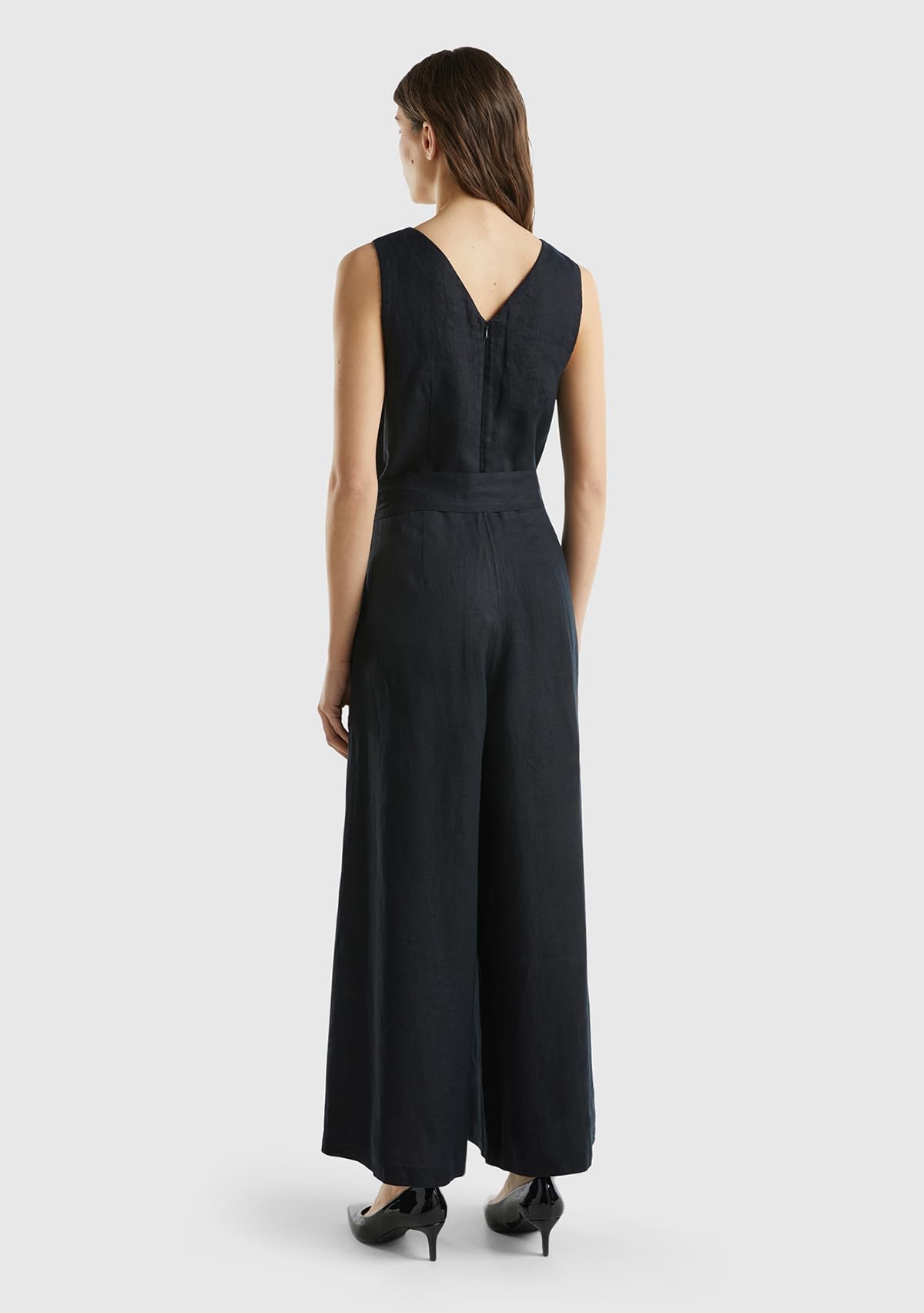 Benetton Tuta Donna Nero 100 Lino Scollo a V
