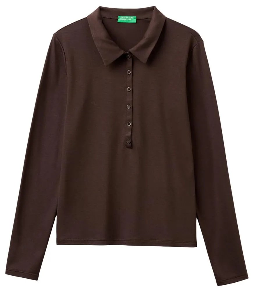 Benetton Polo Donna Marrone Manica Lunga Regular