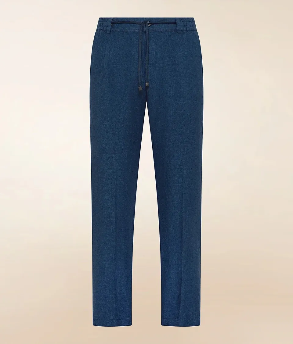 Cruna Mitte 1712 Pantaloni Lino Blu Tapered Fit Uomo