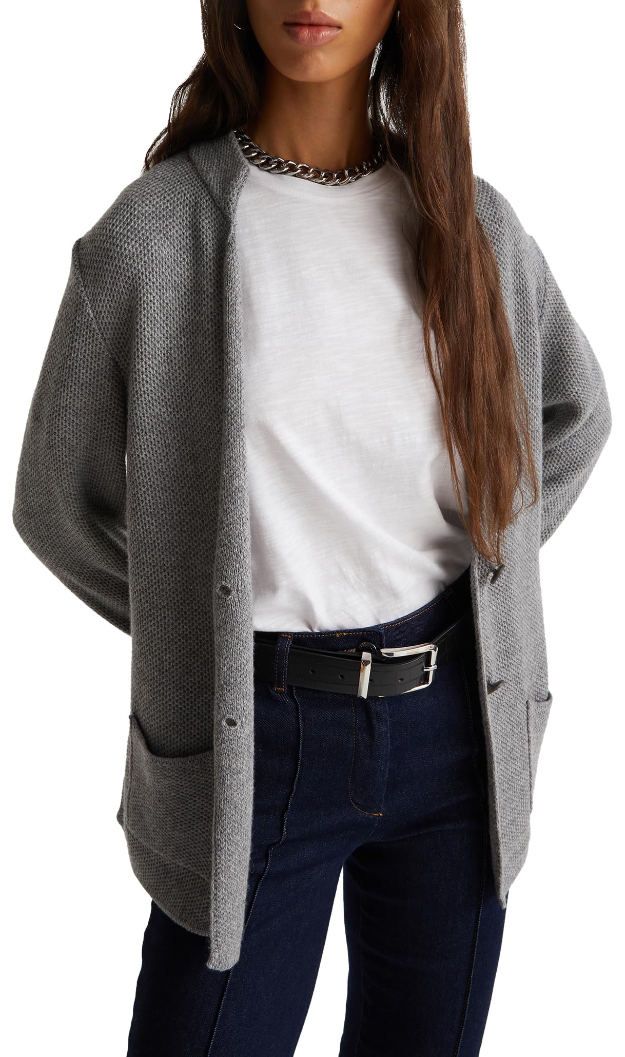 Benetton Giacca Donna Manica Lunga Grigio Chiaro