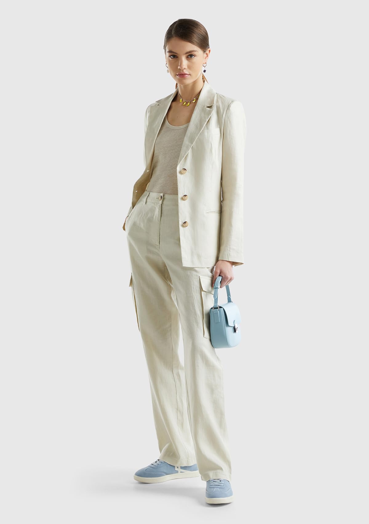 Benetton Pantaloni Donna lino cargo Beige 152 taglia 36