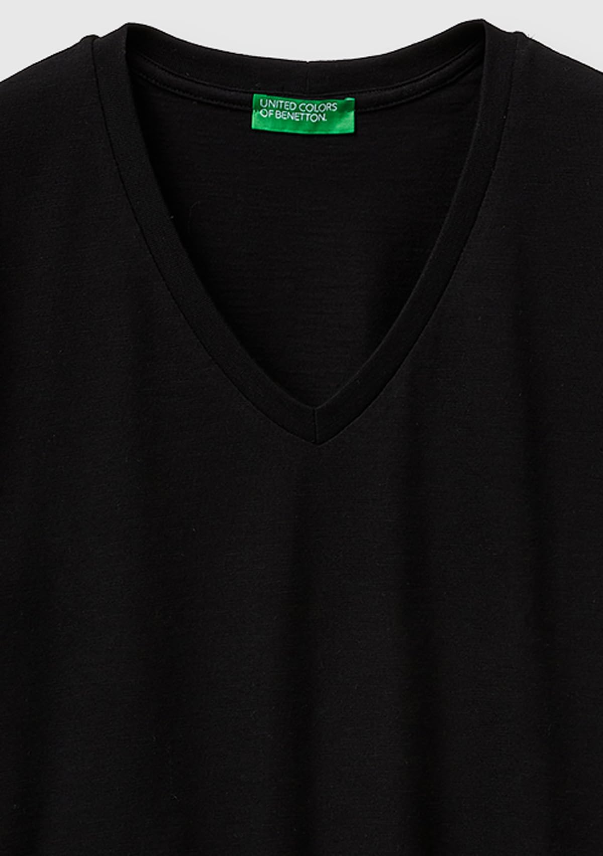 Benetton T-Shirt Donna Nero Jersey Fiammato Scollo a V