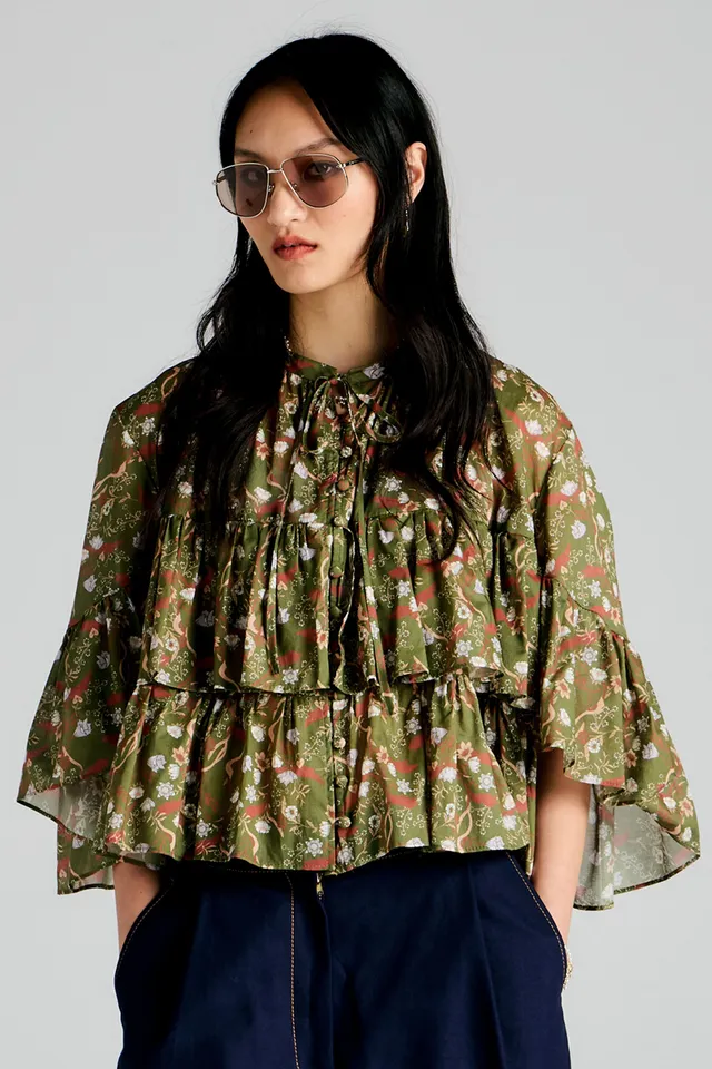 Karen Walker Fleur Blouse camicia Olive Multi voile