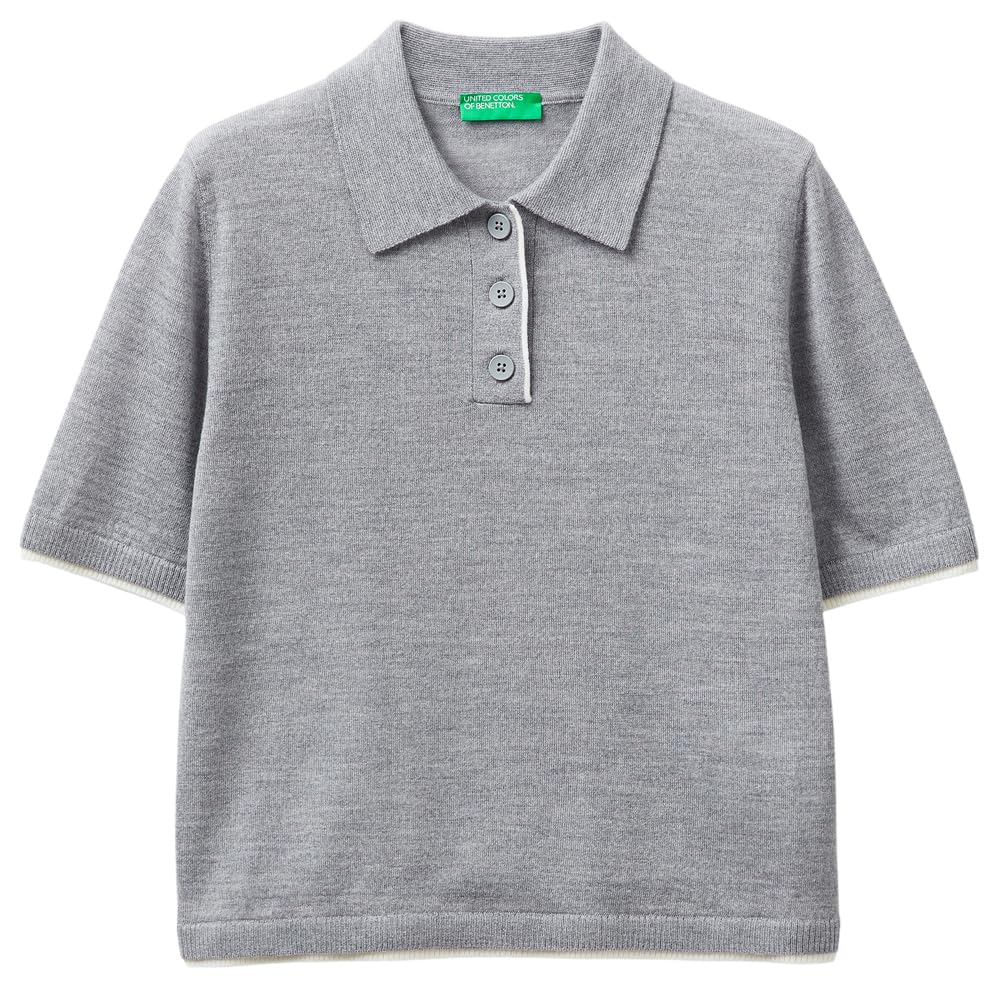 Benetton 11ahd301j Maglia Polo Grigia Lana Extrafine
