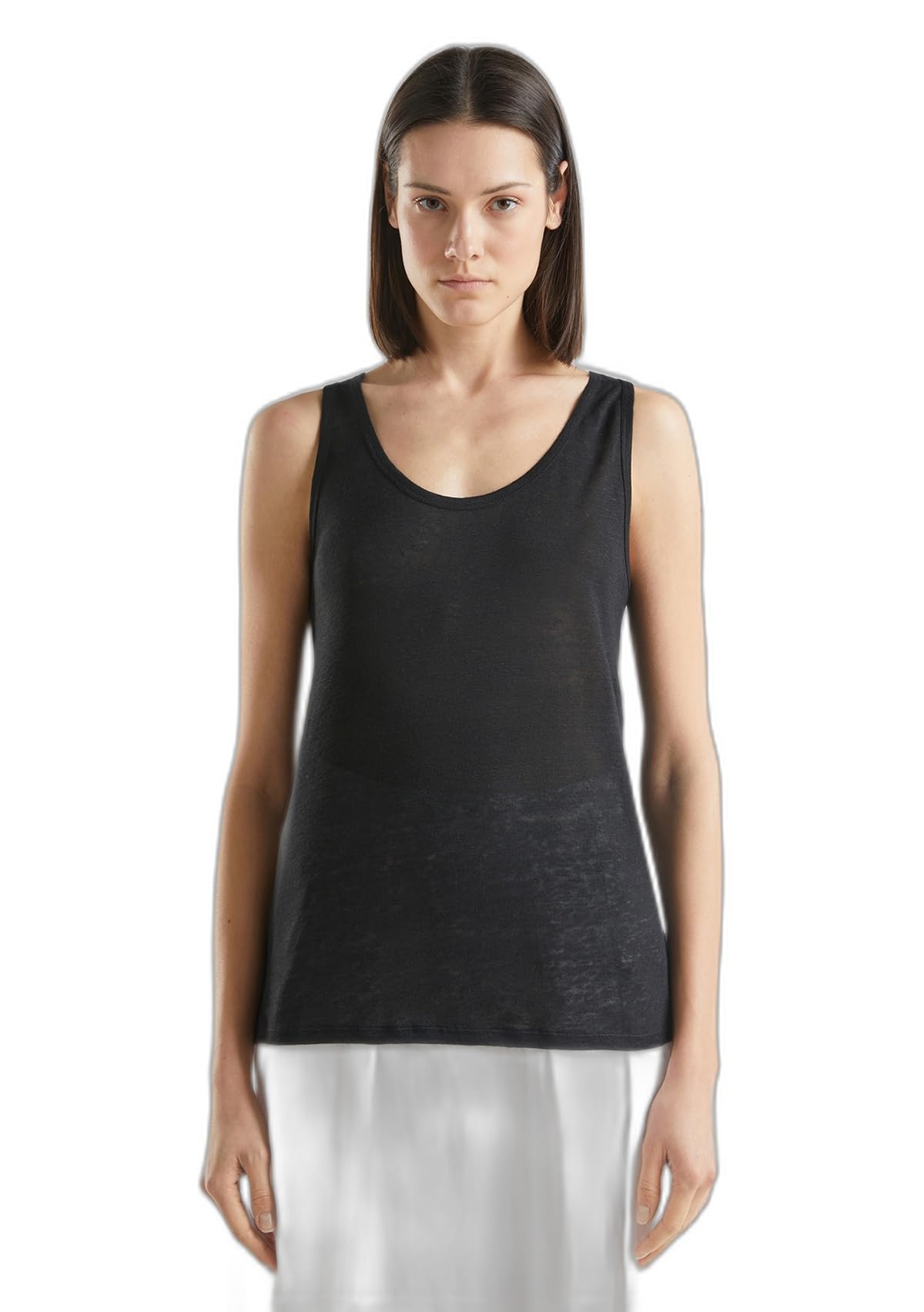 Benetton canottiera donna lino regular nero spacchi fondo