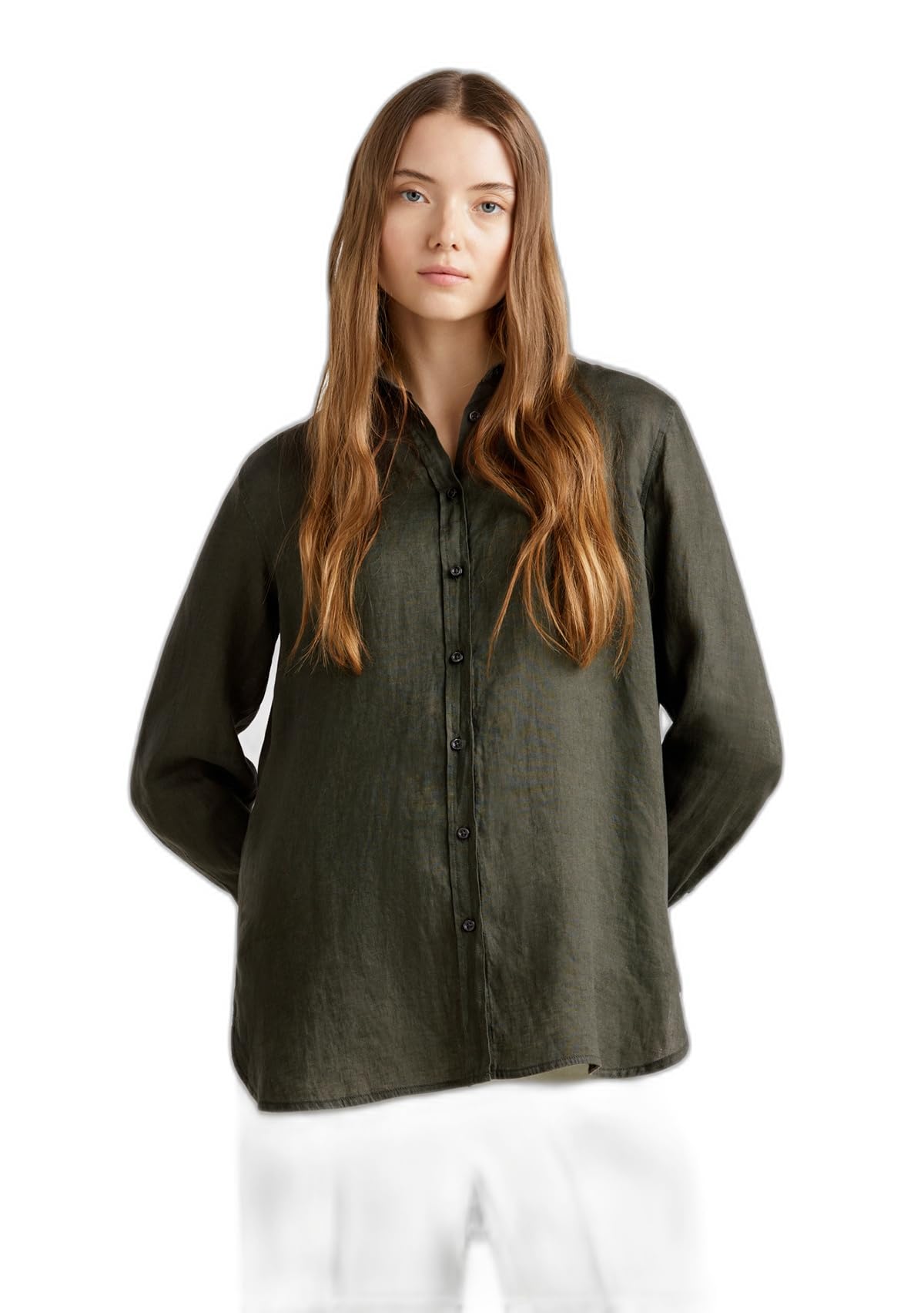 Benetton 5BMLDQ02U camicia donna in lino bianco