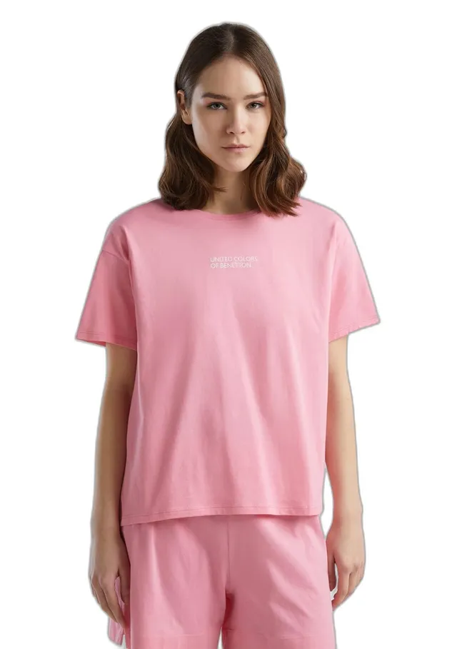 Benetton 30963m04r maglietta pigiama donna rosa logo