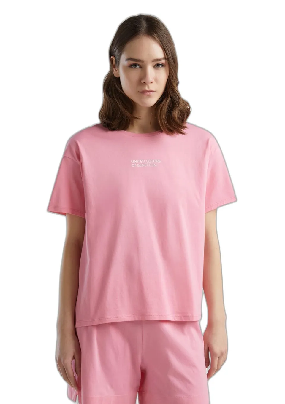 Benetton 30963m04r maglietta pigiama donna rosa logo